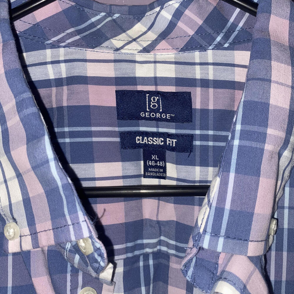 George plaid short sleeve button up shirt mens XL 46-48 classic fit blue pink - Picture 3 of 3